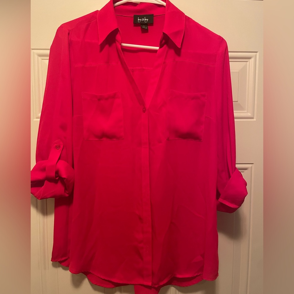 By & by red blouse/button down, long sleeve/rolled sleeves-size Large.